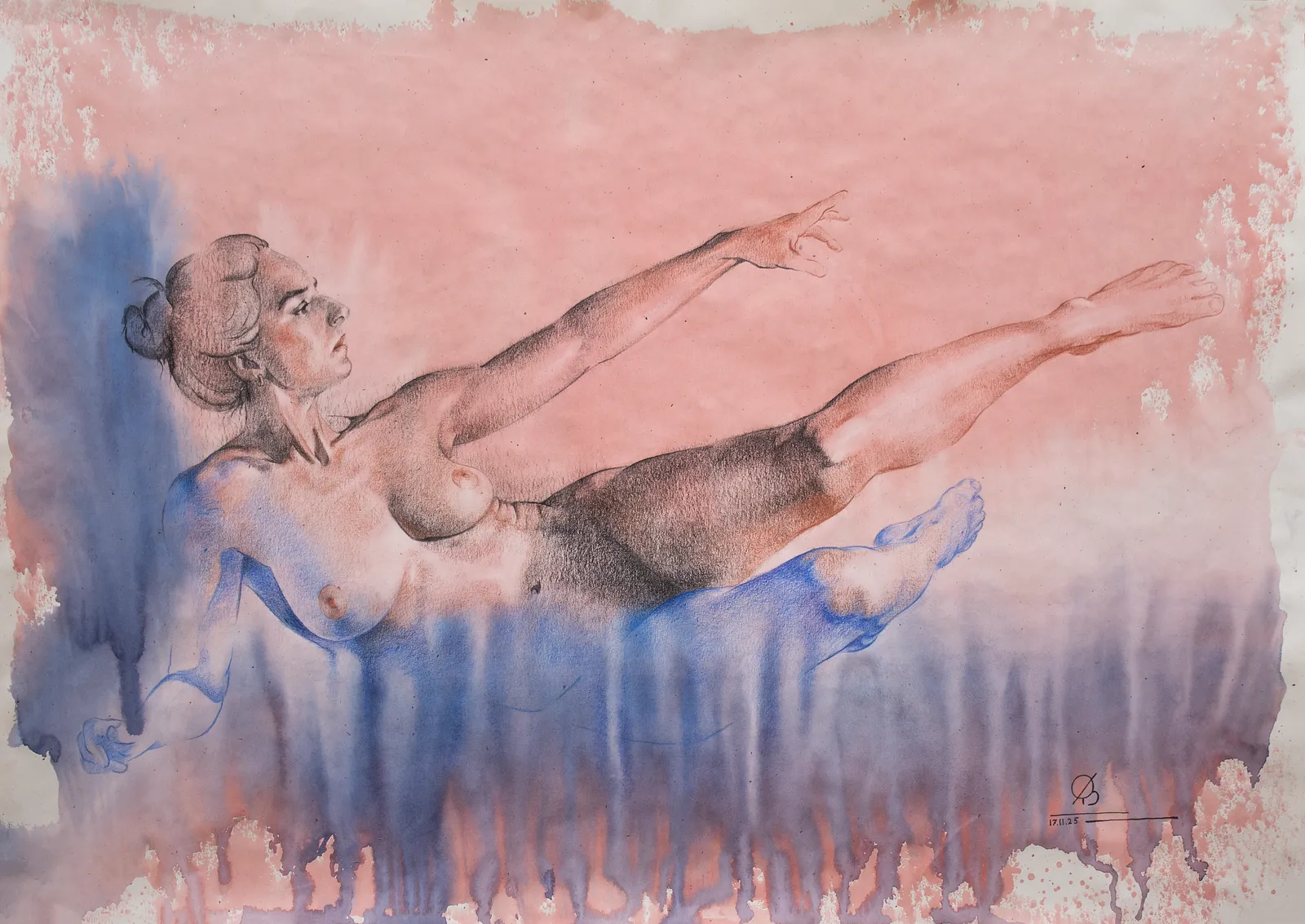 Image of "The border where thought becomes body" by Oleksandr Baklai, size: 50х70cm, made of paper, watercolor, charcoal, Drawing medium, part of the "Works" series