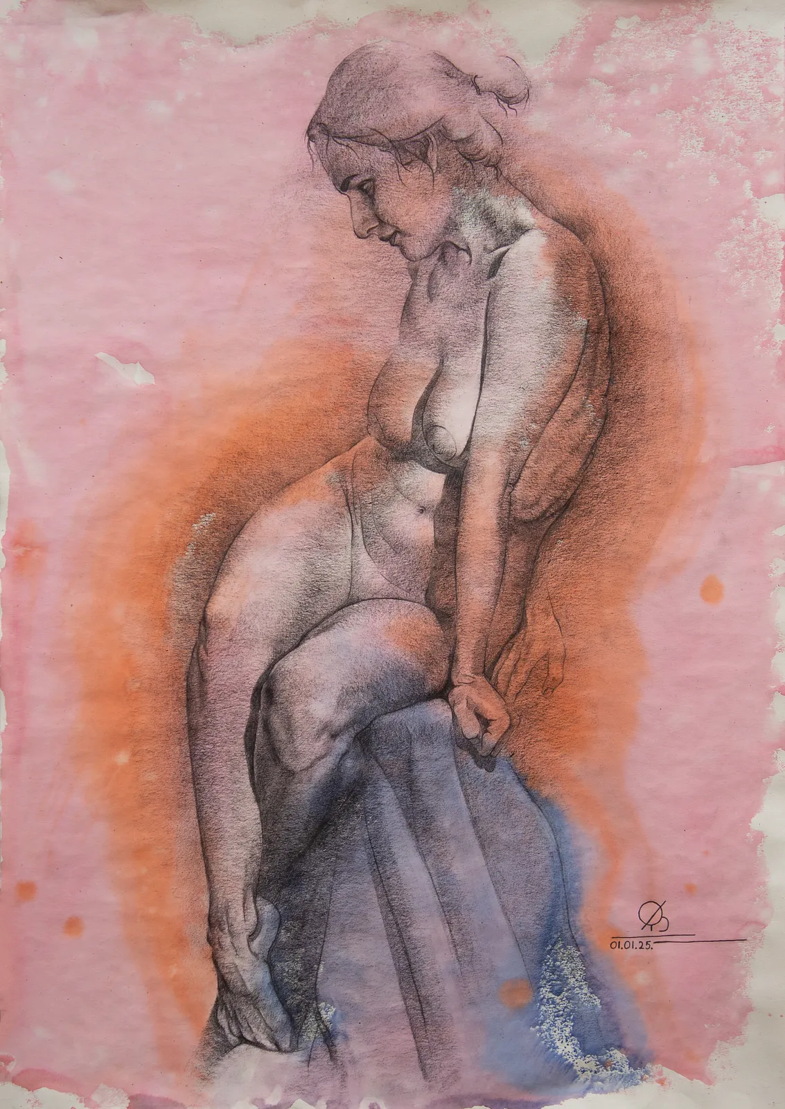 Image of "The ease of shyness" by Oleksandr Baklai, size: 50х70cm, made of paper, watercolor, charcoal, Drawing medium, part of the "Works" series, priced at $800